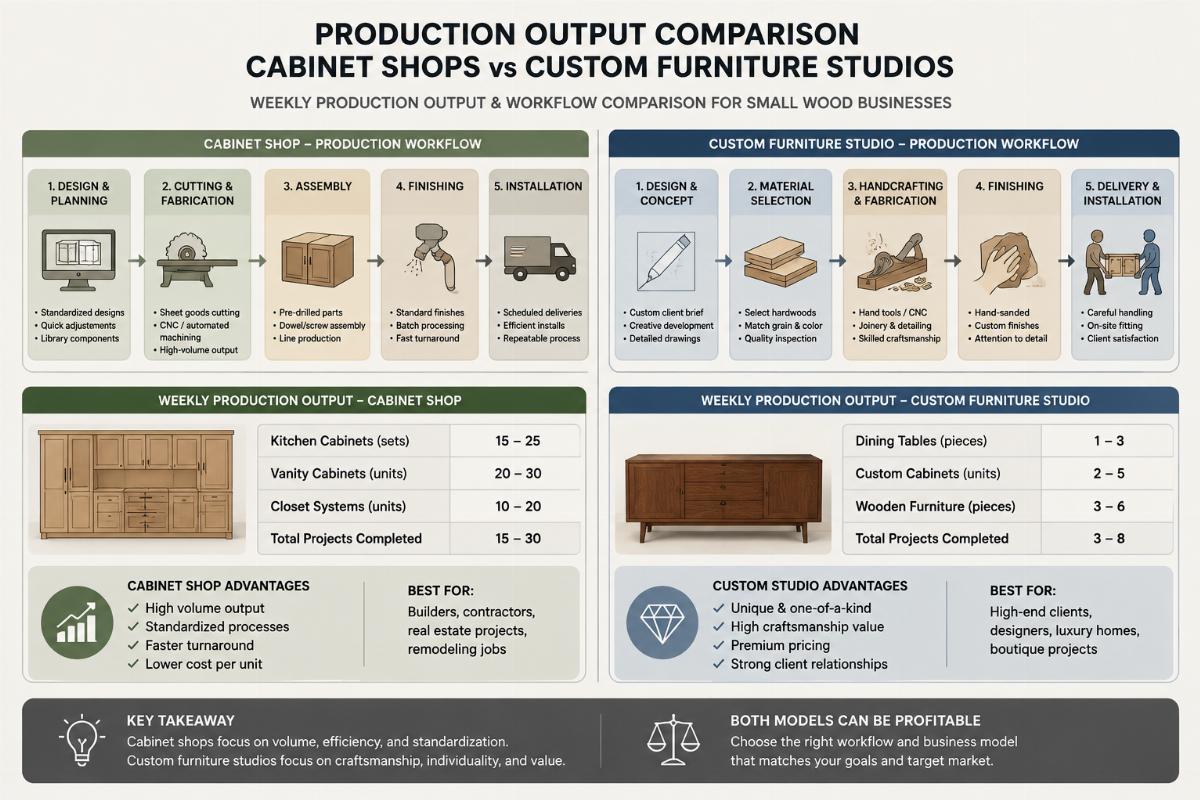 weekly production output comparison for small wood businesses Production output workflow charts for cabinet shops vs custom furniture studios