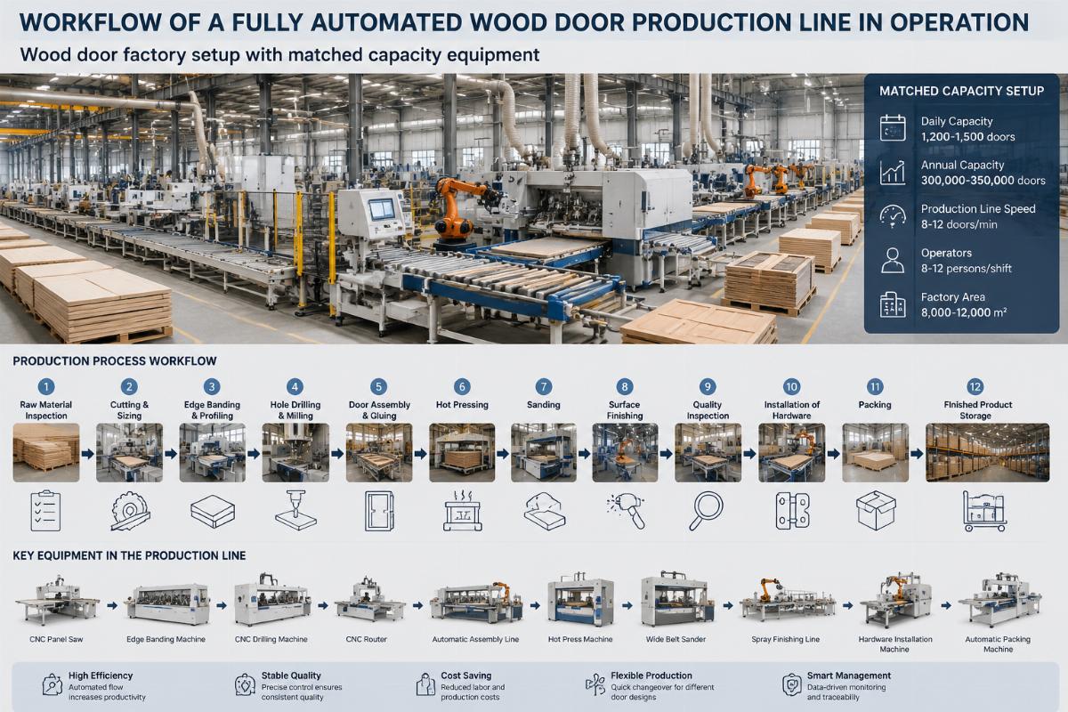 Wood door factory setup with matched capacity equipment Workflow of a fully automated wood door production line in operation