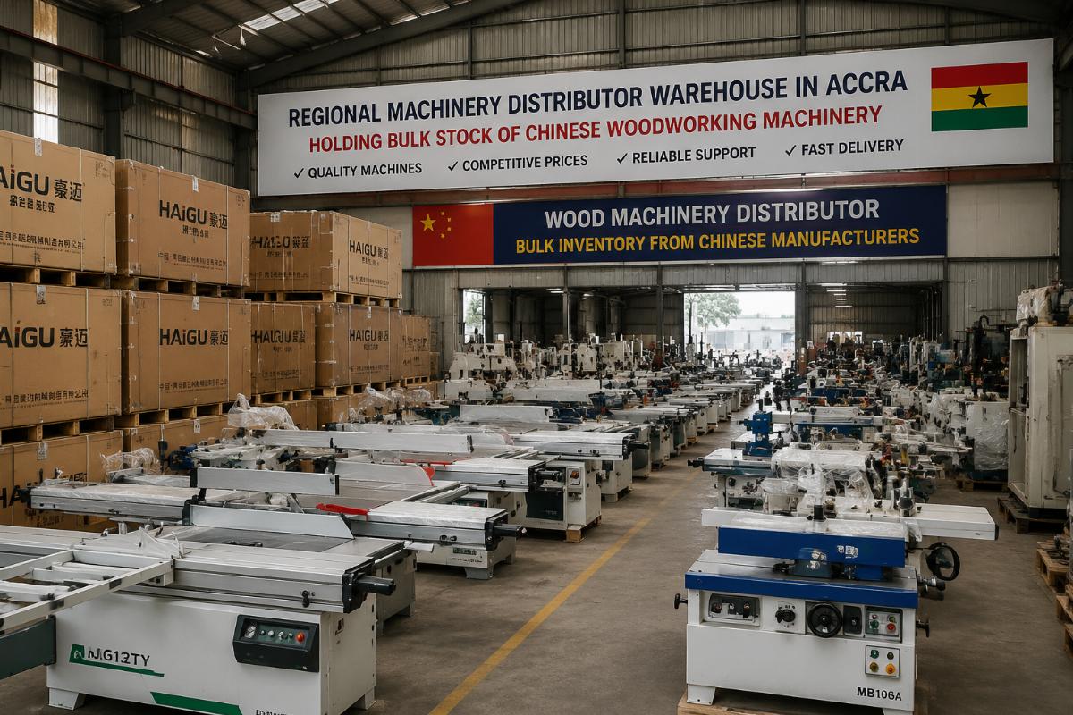 Wood machinery distributor bulk inventory from Chinese manufacturers Regional machinery distributor warehouse in Accra holding bulk stock of Chinese woodworking machinery