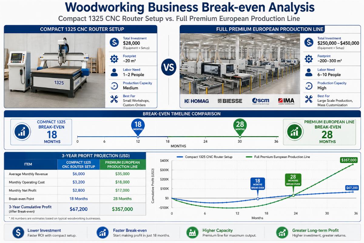 Woodworking business break-even analysis 3-year projection A side-by-side comparison of a compact 1325 CNC router setup and a full premium European production line, with a timeline graphic showing 18 vs 28 month break-even markers