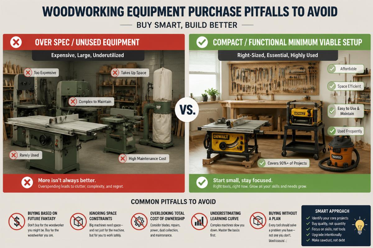 woodworking equipment purchase pitfalls to avoid A side-by-side comparison of overspec unused equipment next to a compact, functional minimum viable setup